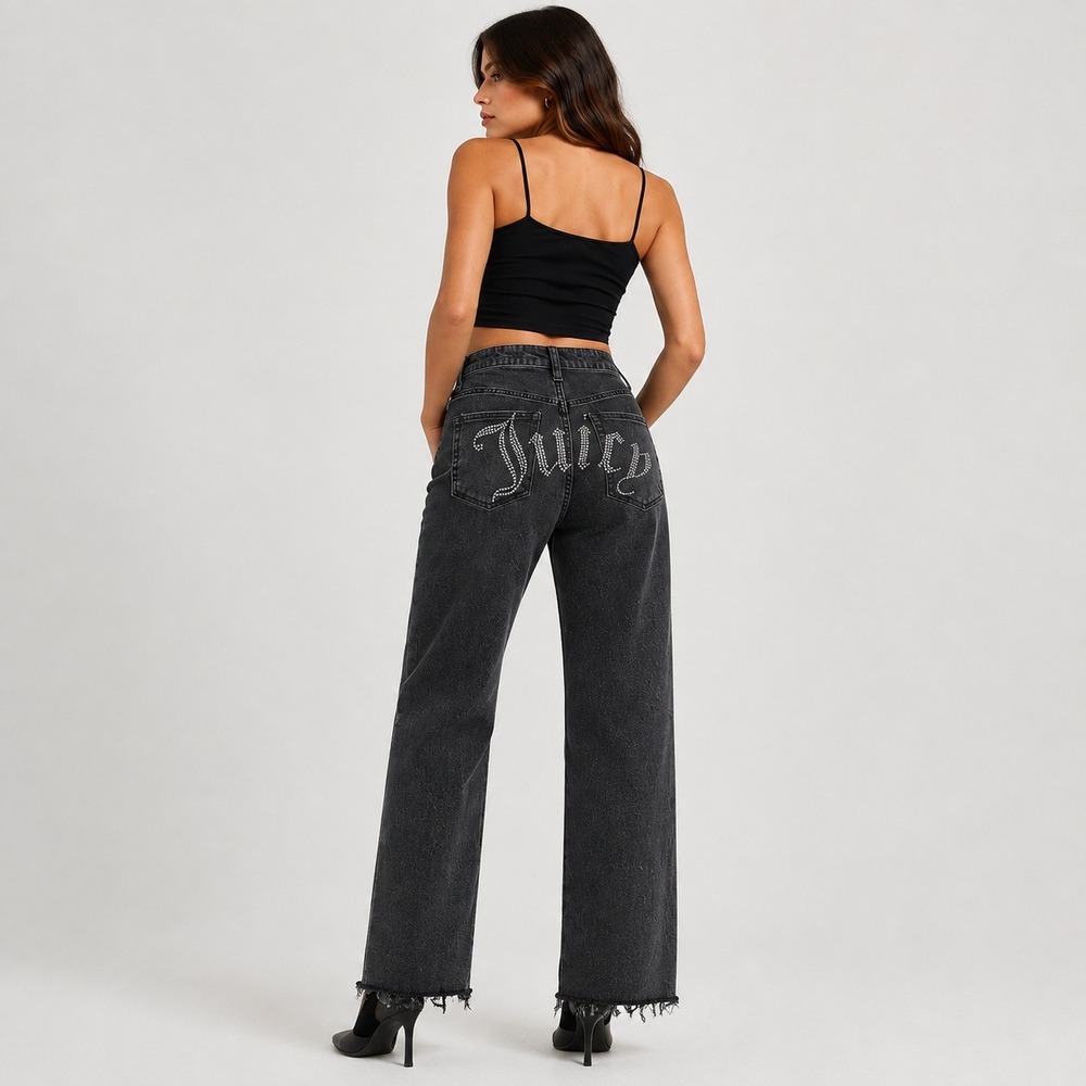 Juicy Couture Lunita Jeans Juniors 9/29 Black Rhinestone Y2K Wide Leg Spellout
